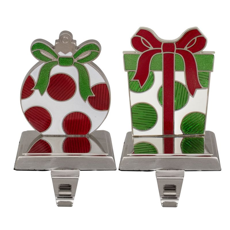 Northlight Set of 2 Green, Red, and Silver Gift Box Christmas Stocking Holder, 1 of 5