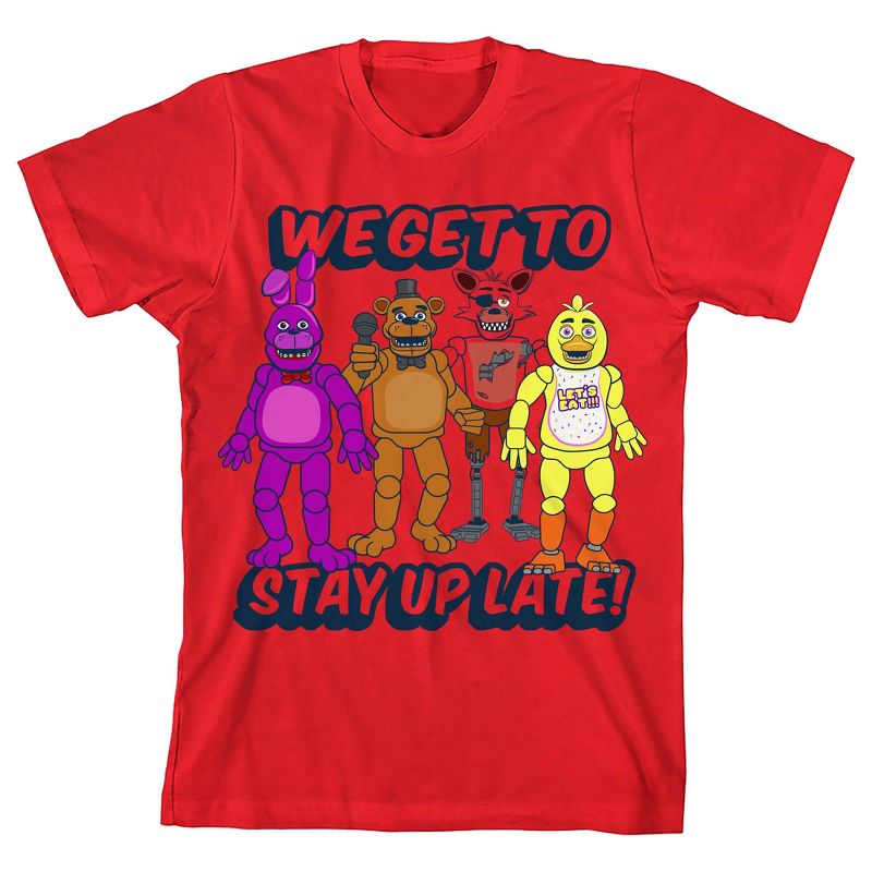 Five Nights at Freddy's We Get to Stay Up Late Boy's Red T-shirt, 1 of 4