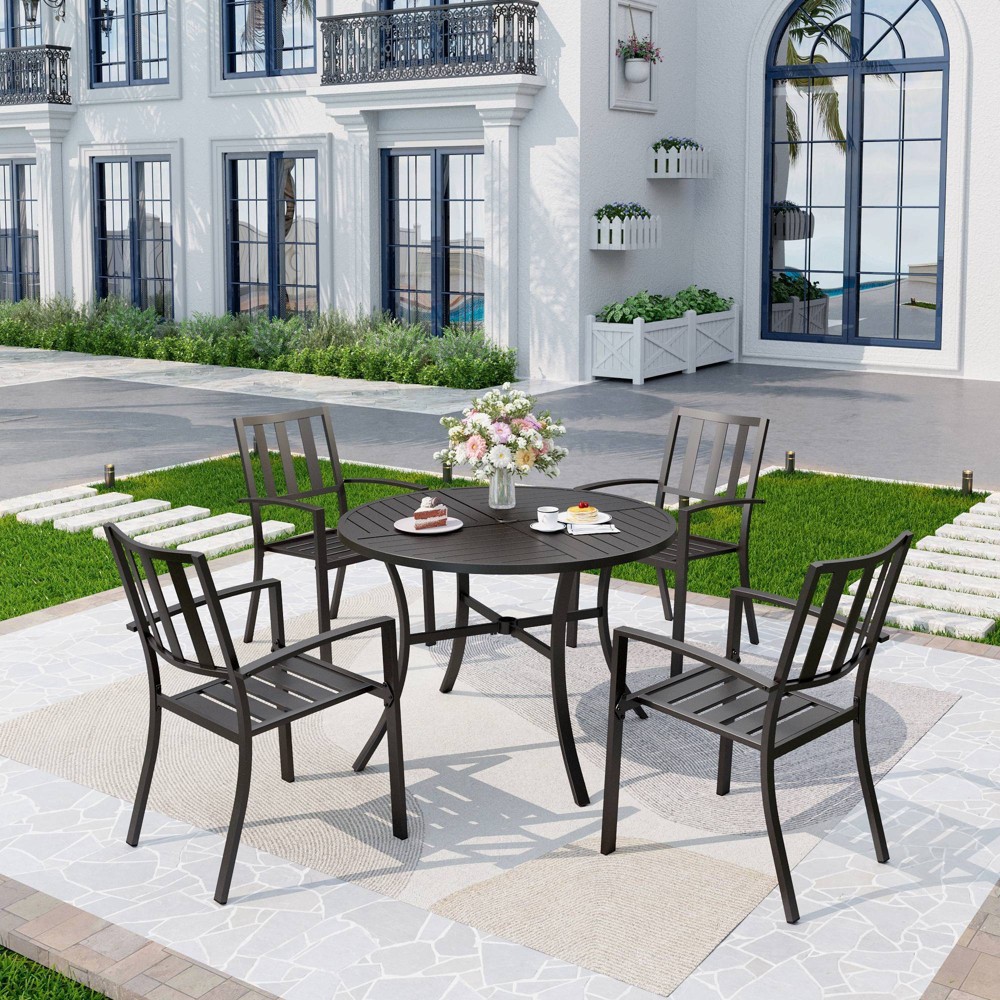 Photos - Dining Table 5pc Patio Dining Set with Round Table & Steel Arm Chairs with Striped Back