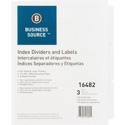 Business Source Index Dividers 3HP 3-Tab 25 Sets/BX 11"x8-1/2" White 16482