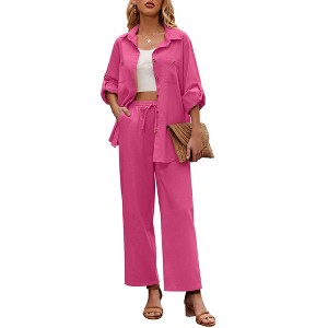 Zeagoo Women 2 Piece Linen Sets Button Down Shirt and Drawstring Long Pants Set Summer Outfits - 1 of 4