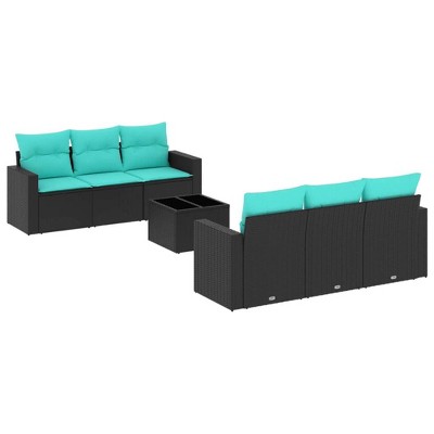 vidaXL 7 Piece Patio Sofa Set with Cushions Black and Blue Poly Rattan