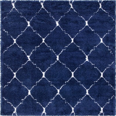 Navy Blue Square Shag Rug with Ivory Trellis Pattern