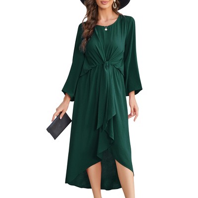 Womens Knot Waist Round Neck Long Sleeve Midi Dress Vintage Semi Formal Dresses for Wedding Guest Cocktail