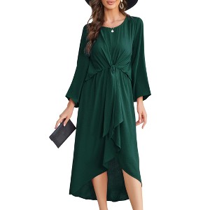 Womens Knot Waist Round Neck Long Sleeve Midi Dress Vintage Semi Formal Dresses for Wedding Guest Cocktail - 1 of 4
