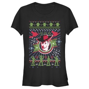 Juniors Womens Toy Story Christmas Woody Pattern T-Shirt - 1 of 3