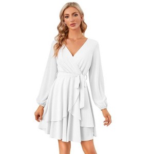 Coolmee Women's Dress Deep V-Neck Long Sleeve Waist Tie Ruffle Mini Swing Skater Dresses - 1 of 4