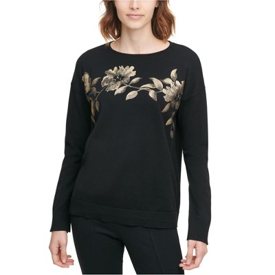 Calvin Klein Womens Metallic Flowers Floral Pullover Sweater
