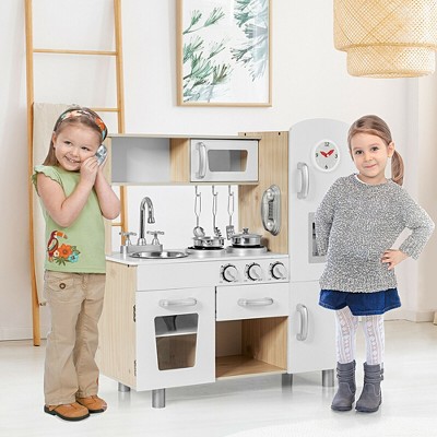 White and Natural Wood Kids Play Kitchen Set with Accessories