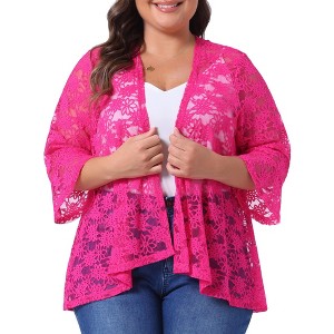 Agnes Orinda Women's Plus Size Casual Open Front 3/4 Sleeve Sheer Lace Cardigan - 1 of 4