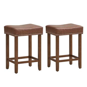 Costway 24" Upholstered Bar Stools Set of 2 with Footrests Rubberwood Frame Saddle-shaped Brown/Gray