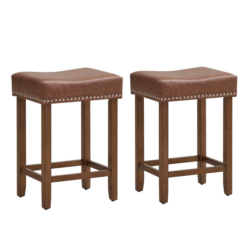 Costway 24" Upholstered Bar Stools Set of 2 with Footrests Rubberwood Frame Saddle-shaped Brown/Gray, 1 of 9