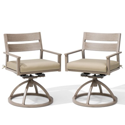 Crestlive Products Patio 2pc Swivel Chairs Aluminum Frame with Wood Grain Finish 360° Swivel Outdoor Dining Chairs with Sunbrella Cushion