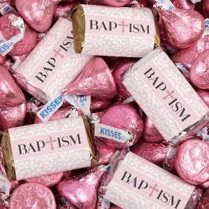 124 Pcs Girl Baptism Candy Party Favors Hershey's Miniatures & Kisses by Just Candy (1.52 lbs) - Pink - 1 of 4