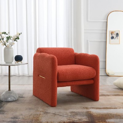 CAVINAS Modern Accent Chair with Waved Arms & Metal Decoration, Teddy Fabric Upholstered Armchair for Living Room, Bedroom, Office