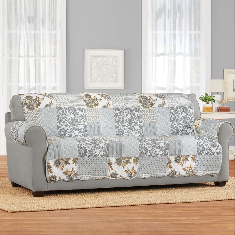 Collections Etc Langdon Reversible Quilted Patchwork Furniture Protector with Floral Accents and Scalloped Edges, 2 of 3