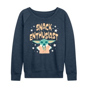 Women's - Star Wars - The Mandalorian Snack Enthusiast Grogu Lightweight French Terry Wide Neck Long Sleeve Graphic Shirt - 1 of 4