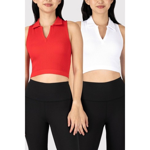 90 Degree By Reflex Womens 2 Pack Baseline Seamless Polo Cropped Tank -  High Risk Red/White - Large