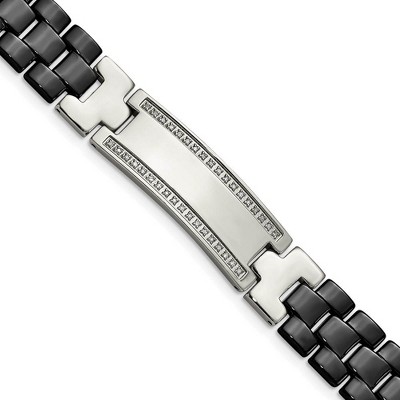 Black Bow Jewelry Mens 14mm Stainless Steel, Black Ceramic, Diamond I.D. Bracelet 8.75in