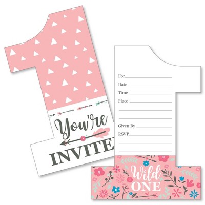 Big Dot of Happiness She's a Wild One - Shaped Fill-in Invitations - Boho Floral 1st Birthday Party Invitation Cards with Envelopes - Set of 12