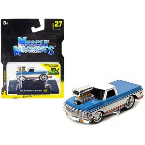 1972 Chevrolet C10 Pickup Truck Blue and White with Stripes 1/64 Diecast Model Car by Muscle Machines - 1 of 3