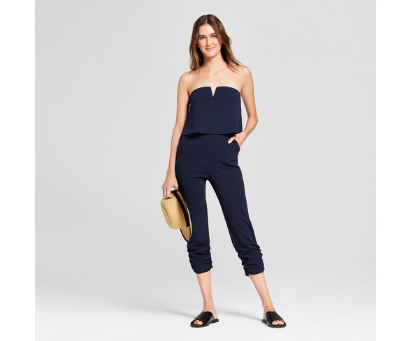 Women's Strapless Jumpsuit with Shirred Leg - Necessary Objects Navy XS