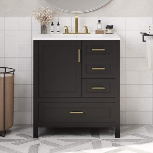 ORRD 30" Black Bathroom Vanity with Sink, Storage Cabinet with Soft-Close Door, 3 Drawers, and Removable Tray - 1 of 4