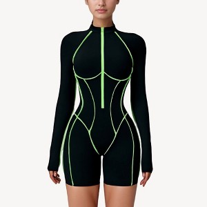 Anna-Kaci Active Women's Long Sleeve Zip Front Active Romper with Neon Piping and Contoured Seams - 1 of 4