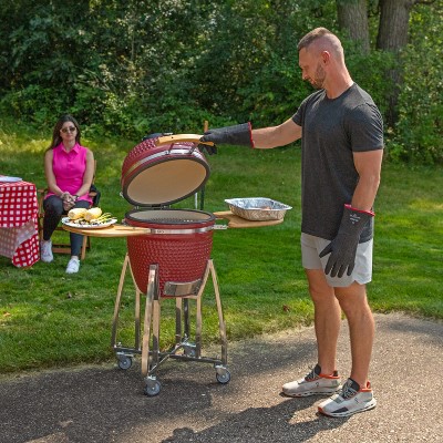 Red Ceramic Kamado Grill with Smoker and Bamboo Side Tables