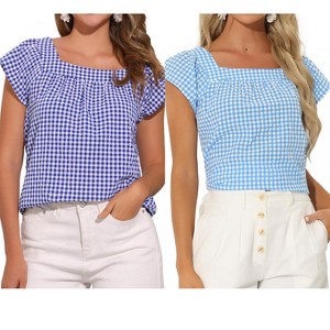 INSPIRE CHIC Women's Summer Square Neck Gingham Cap Sleeve Blouses 2 Packs - 1 of 4