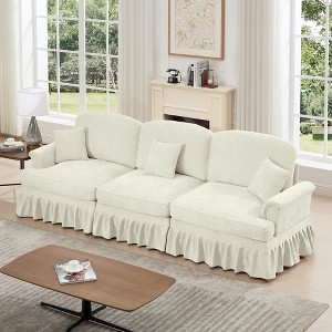 Racxily Large 3 Seat Sofa Couch with Flared Arms and Removable Ruffles Pleats Skirts and Spindle Legs, Comfy Chenille Three-Seat Sofa for Living Room - 1 of 4
