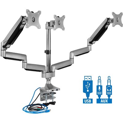 Mount-It! Triple Monitor Desk Mount with USB & Audio Ports, Silver