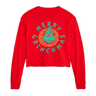 Dr. Seuss The Grinch Christmas Merry Grinchmas Cropped Long Sleeve T-Shirt - Red - 2 X-Large