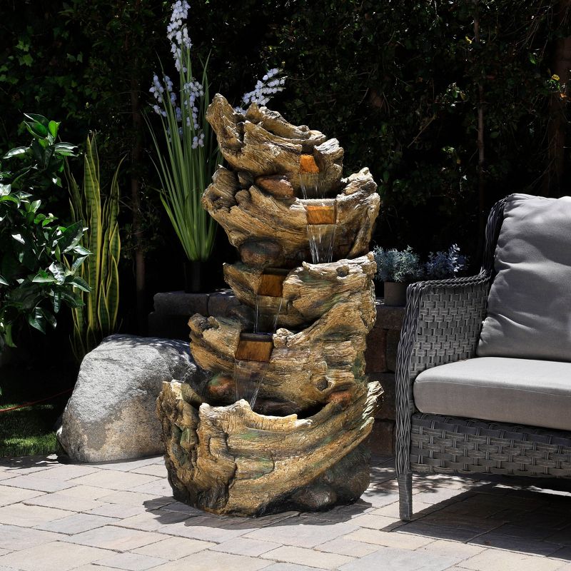 47&#34; Resin Outdoor 5-Tier Tree Trunk Waterfall Floor Fountain with LED Lights Brown - Alpine Corporation, 3 of 10