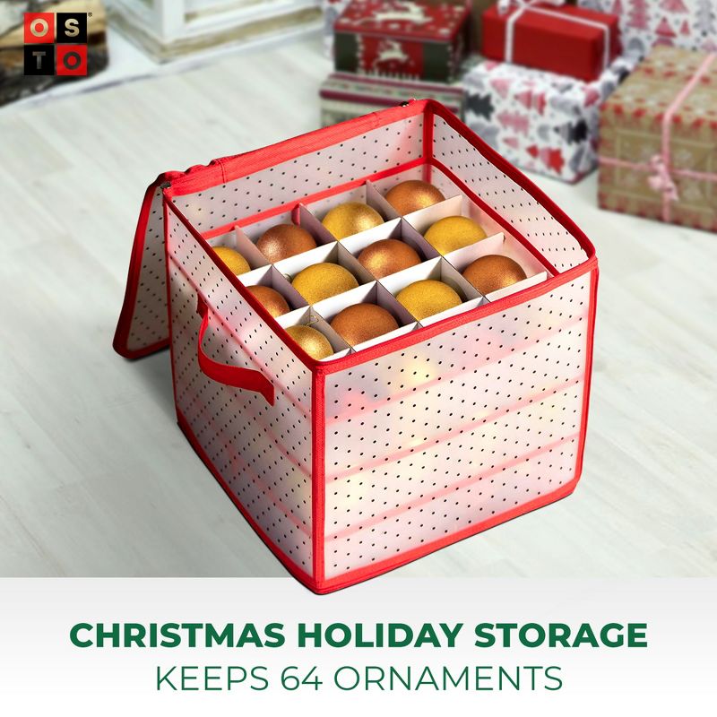 OSTO Clear Plastic Christmas Ornament Storage Box Stores Up to 64 Ornaments of 3”; 2-way zipper, Carry Handles, Tear Proof and Waterproof, 2 of 5