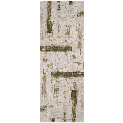 HomeRoots 8' Ivory and Green Abstract Power Loom Distressed Runner Rug