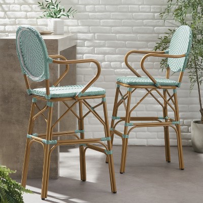 Gulches Outdoor Wicker and Aluminum 29.5" French Barstools, Set of 2, Teal, Bamboo Print Finish
