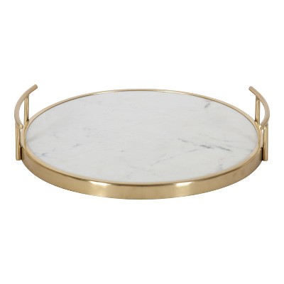 White Marble and Gold Round Metal Tray with Handles