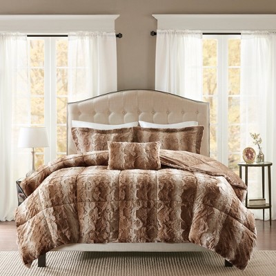 Tan King Faux Fur Down Alternative Comforter Set
