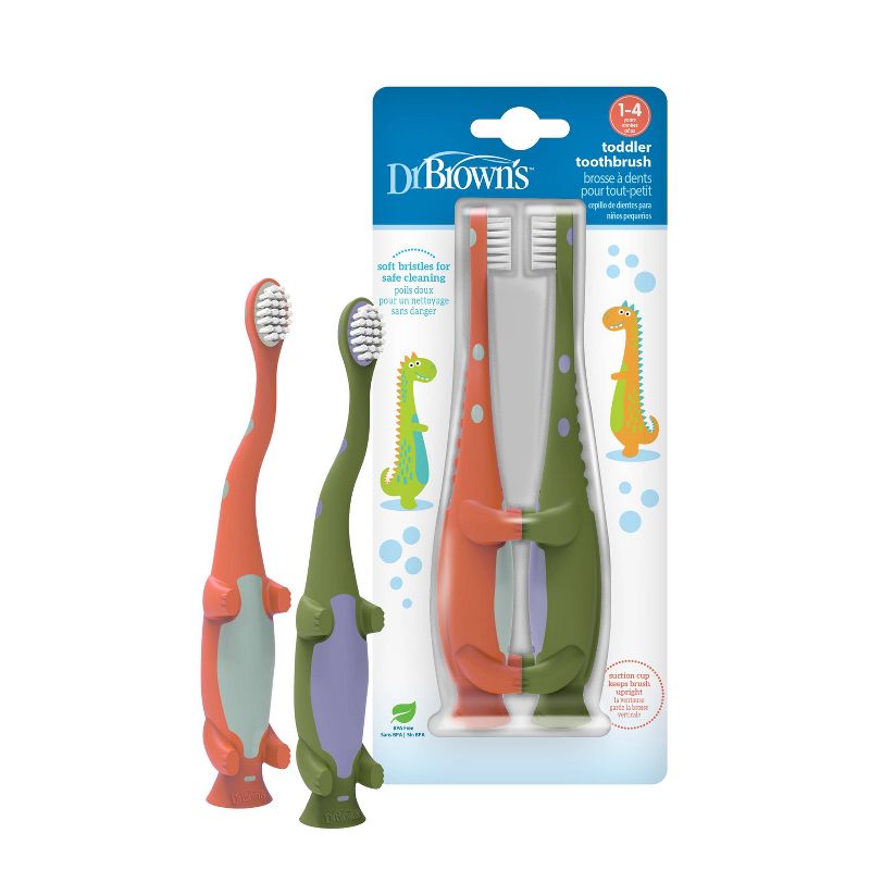 Dr. Brown&#39;s Toddler Toothbrush with Soft Bristles - Green &#38; Orange Dinosaur - 2-Pack - 1-4 years - Soft, 1 of 13