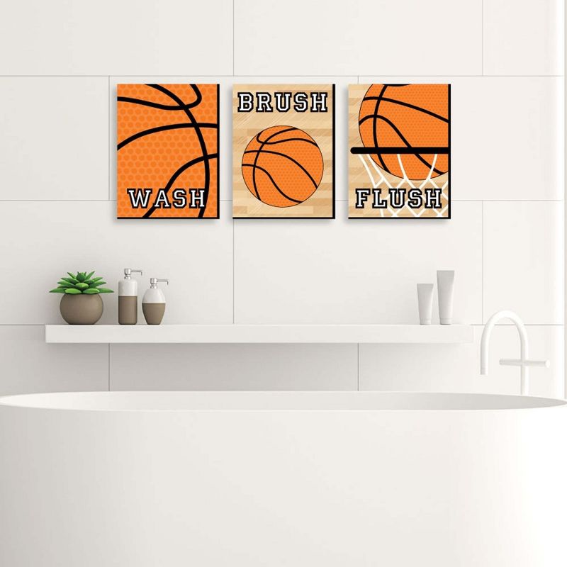 Big Dot of Happiness Nothin' but Net - Basketball - Kids Bathroom Rules Wall Art - 7.5 x 10 inches - Set of 3 Signs - Wash, Brush, Flush, 3 of 9