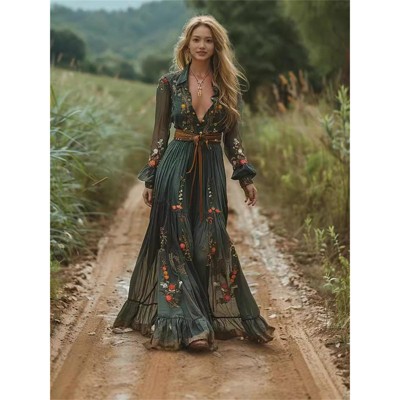 Clotth Women's Vintage Pastoral Flower Long Dress Sexy V-Neck Long Sleeve Chiffon Western Country Dresses Fall Sexy Maxi Dress
