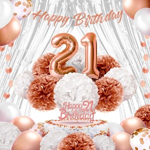 EpiqueOne Rose Gold 21st Birthday Decorations - 41 Pieces Party Decor for Her - Rose Gold Ribbon, Balloons, Pom Poms - 1 of 4