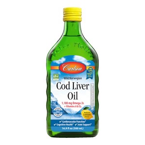 Carlson - Cod Liver Oil, 1100 mg Omega-3s + A & D3, Norwegian, Wild Caught, Sustainably Sourced, Lemon - 1 of 3