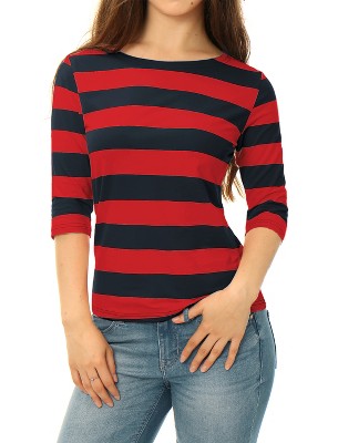 INSPIRE CHIC Women's Stripes Casual Basic Elbow Sleeves Boat Neck Slim Fit T-Shirts