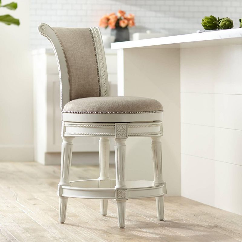 55 Downing Street Oliver Wood Swivel Bar Stool White 24 1/2" High Traditional Scroll Cream Round Cushion with Backrest Footrest for Kitchen Counter, 2 of 10