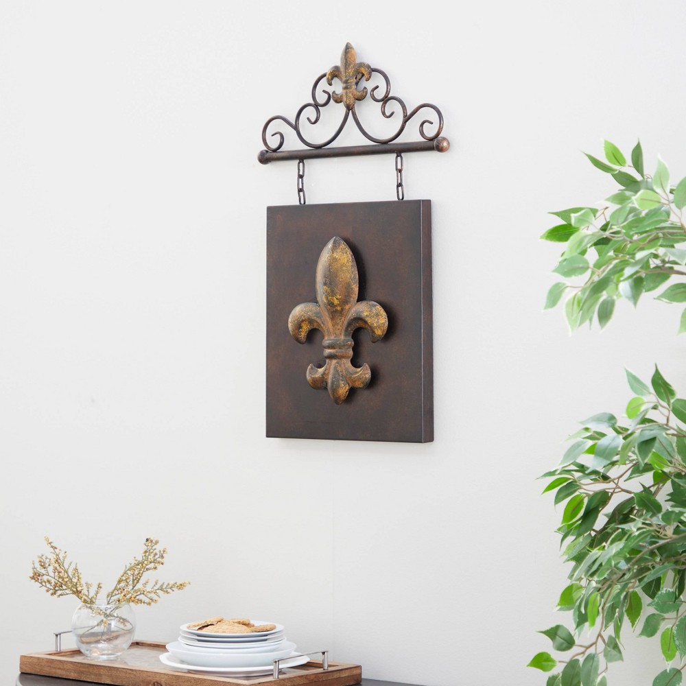 Photos - Wallpaper Metal Fleur De Lis Suspended Wall Decor with Scrollwork Hanger Bronze - Ol