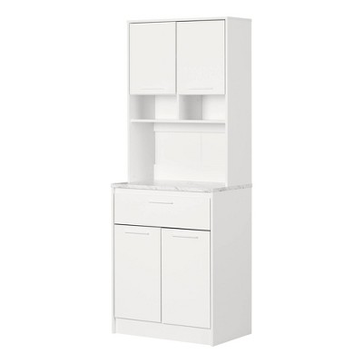 South Shore Myro Pantry Cabinet Faux White Marble/White: Laminate Surface, 6 Shelves, 1 Drawer, Particle Board Frame