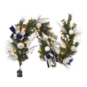 6FT Christmas Garland with Lights,Prelit Xmas Fake Vines with Bows Christmas Balls Flowers Berries for Front Door Fireplace Mantel Porch - 1 of 4