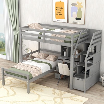 NicBex Twin over Twin Bunk Bed with Desk Pine Bed Frame with 2 Shelves, 4 Drawers, Storage Stairs and Guardrail, No Box Spring Required, Gray